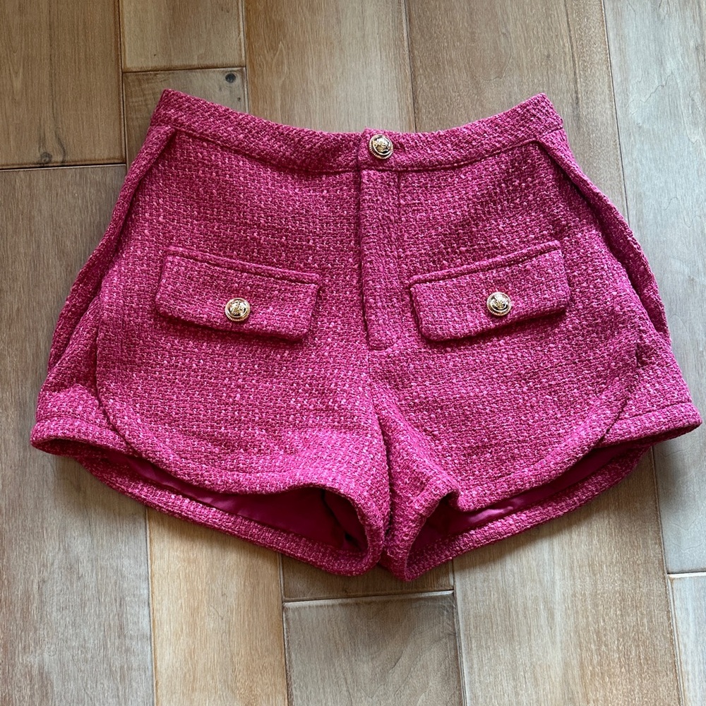 Buddy Love Magenta Tweed High Waist Shorts with Gold Buttons